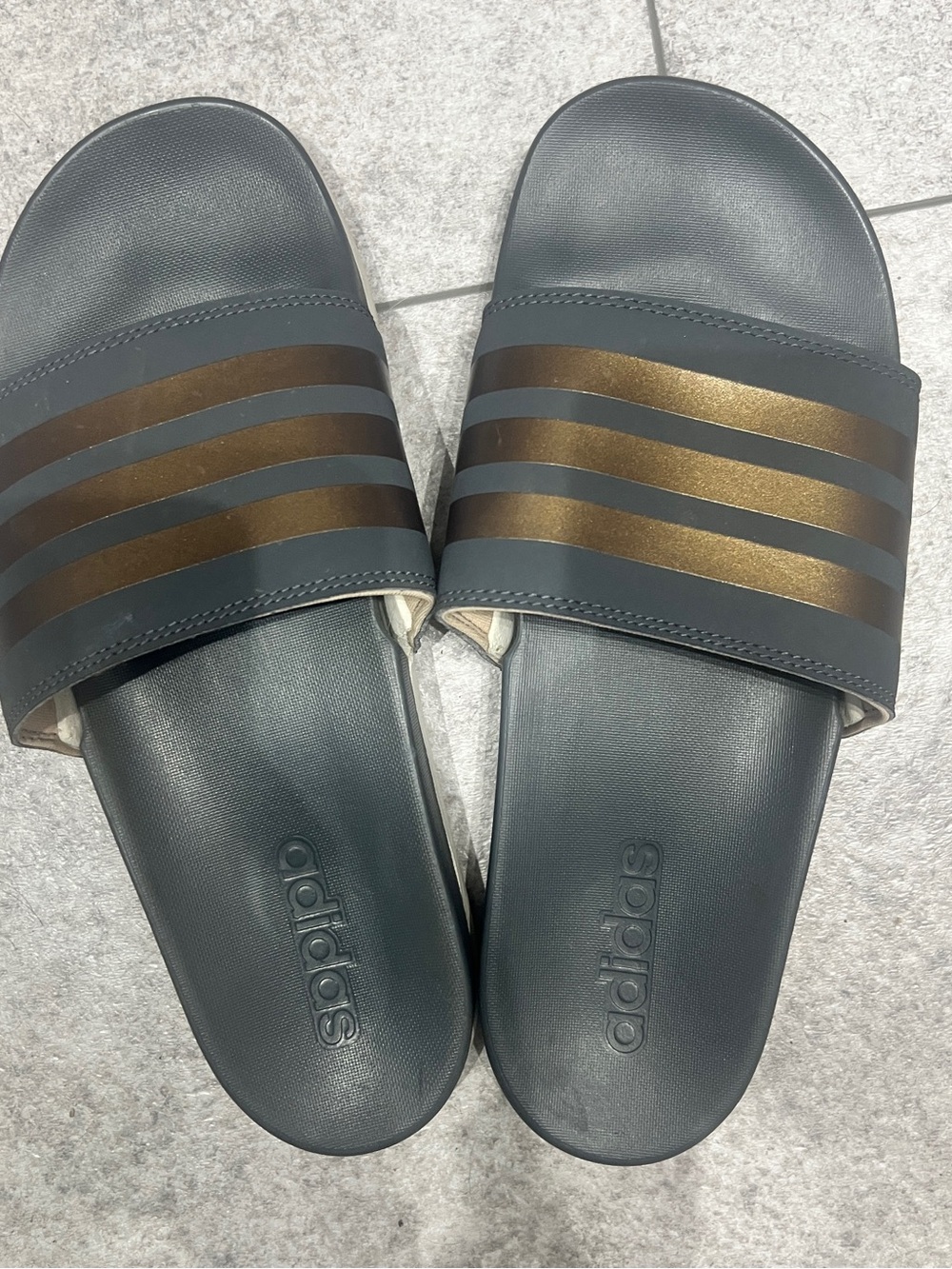 adidas Metallic Stripe Slide Sandals - Charcoal with Gold Stripes size 9 women’s